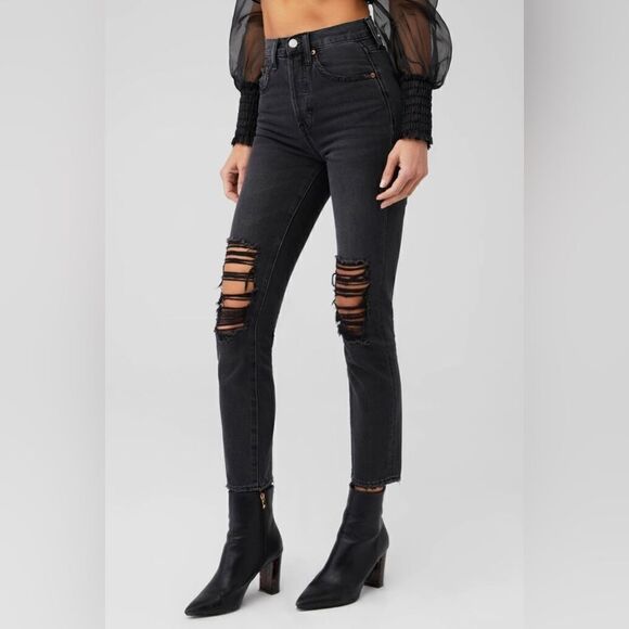 Pistola jeans Keaton High rise slim straight Black Distressed ripped knees 25 - Picture 2 of 8